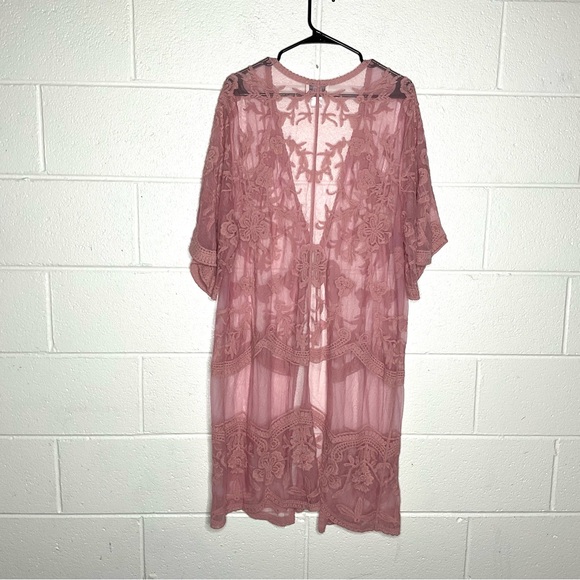 < June & Ivy Pink Lace Duster Kimono Cardigan > - Picture 3 of 3